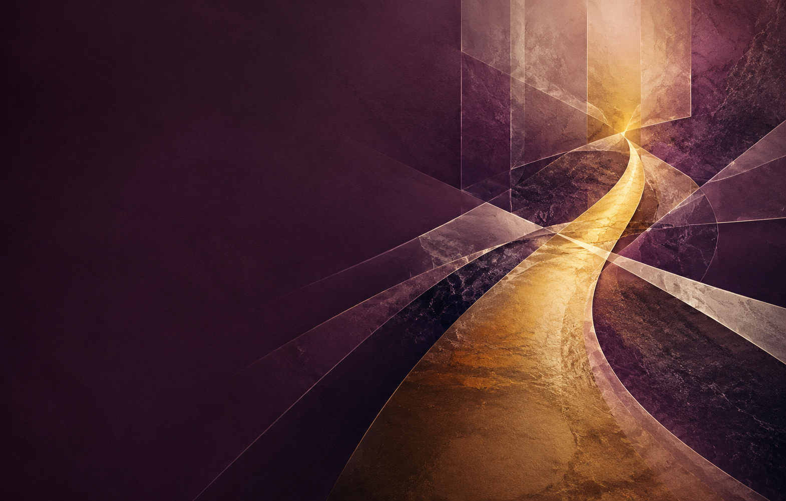 Abstract gold pathway converging through layered aubergine forms